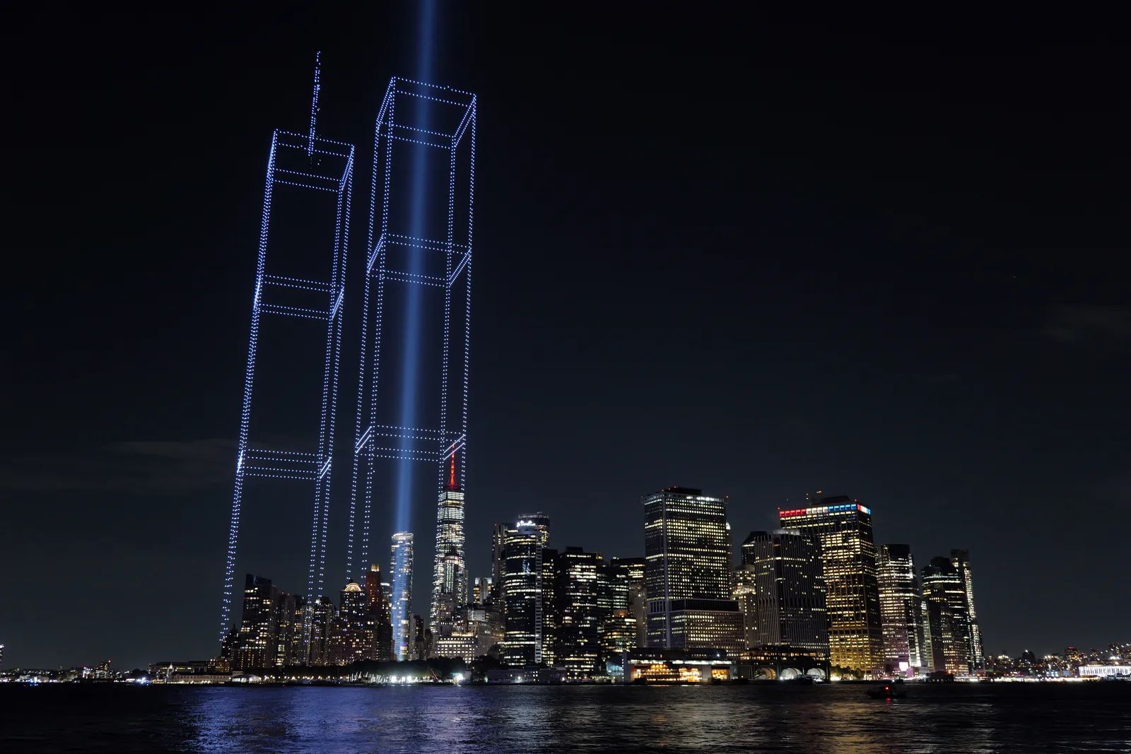 The two towers of light over New York Harbor, photographed for Getty Images
